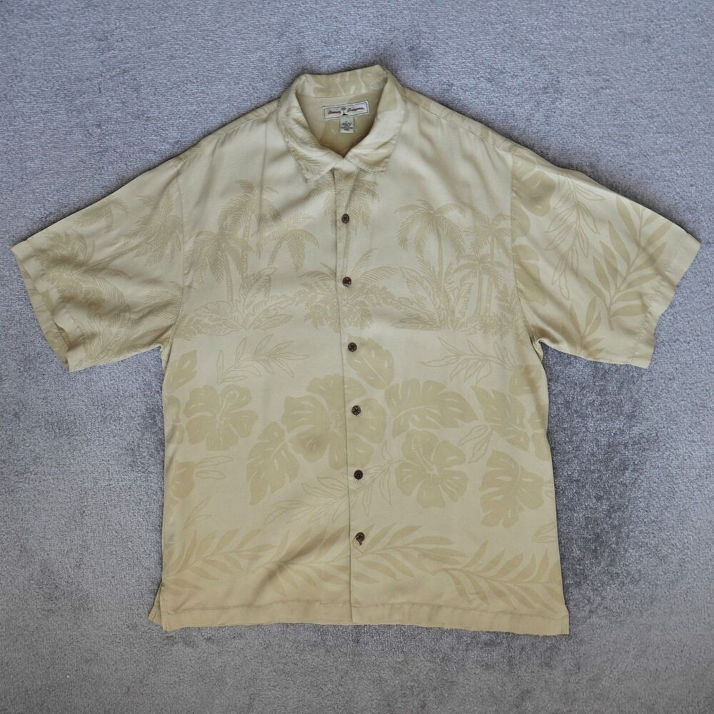 Tommy Bahama Shirt Men L Large Yellow Floral Silk Hawaiian Button Short Sleeve